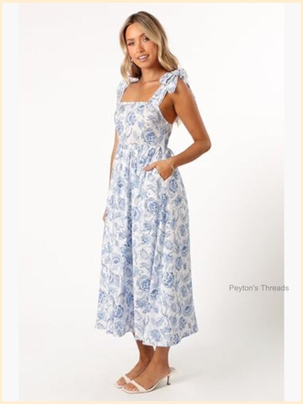 Women's Casual Midi Dress with Adjustable Straps, Square Neckline, Shirred - Picture 3 of 5
